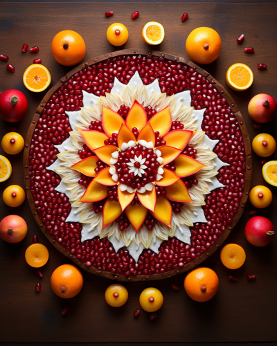 Diwali Mandala with Mango, Pomegranate Seeds, and Red Cherries