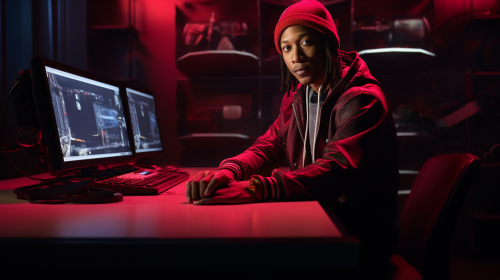 DJ Quik enjoying his Xbox in a red-lit videogame room