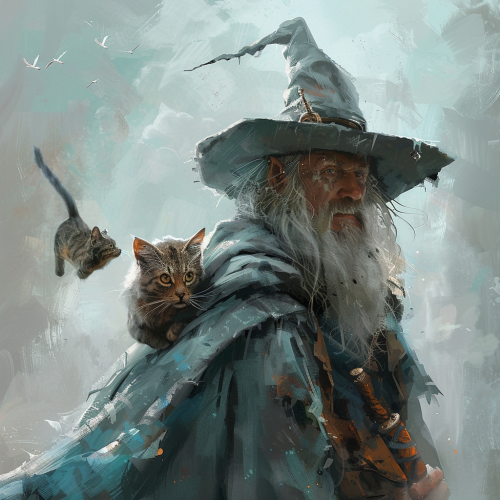 Wizard adventure with gray hat and cat Wizard adventure with gray hat and cat