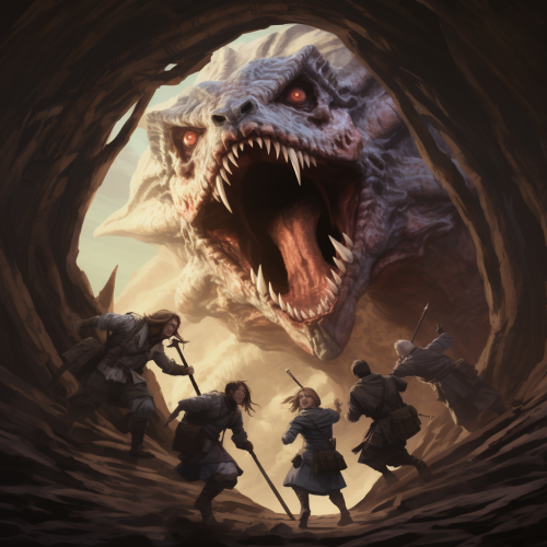 Adventurers facing horrifying sandworm monstrosity Adventurers facing horrifying sandworm monstrosity