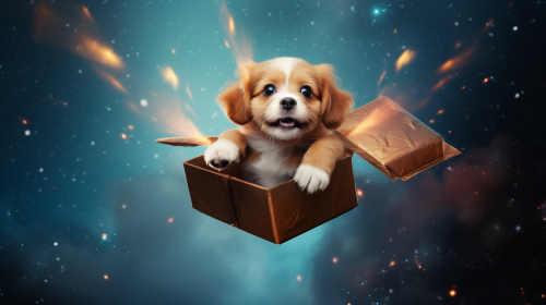 Cute dog puppy in a gift box in space