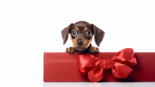 Cute dog puppy in a gift box