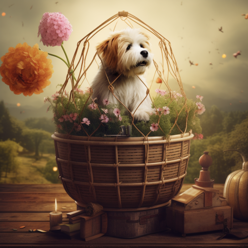 Dog sitting in basket with flowers and air balloon