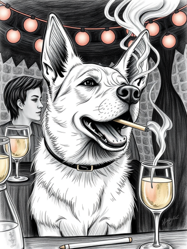 dog smoking, party, drawing