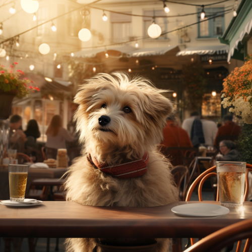 Dog patiently waiting for meal at outdoor cafe