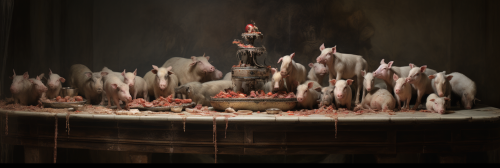 Domestic pigs eating at feeding trough