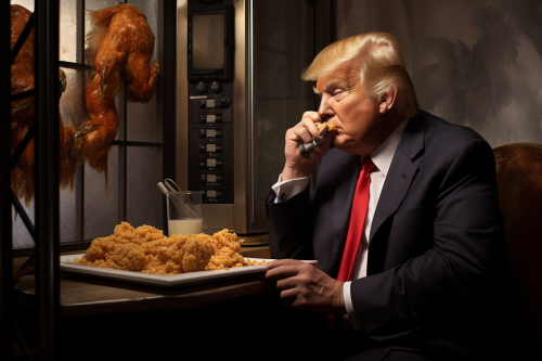 Donald Trump eating spicy chicken wing in telephone booth