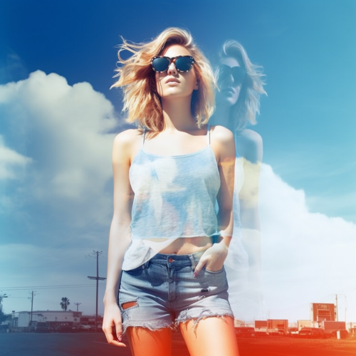 Beautiful woman in double exposure with blue sky