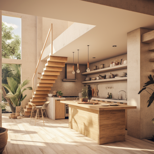 Beautiful double height kitchen with wooden staircase