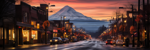 Snow-covered streets with Christmas lights