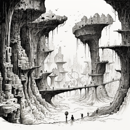 Ink drawing of Dr. Seuss cave theme