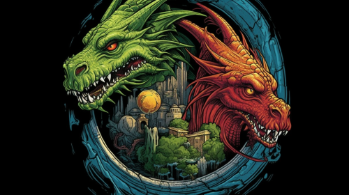 Majestic dragon and mischievous goblin in conversation Majestic dragon and mischievous goblin in conversation