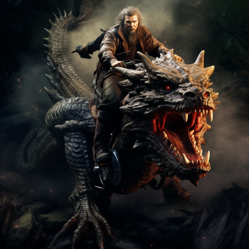 Men riding dragon throw wolves