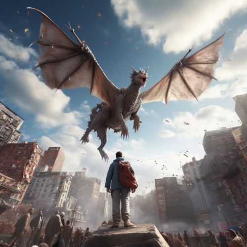Dragon flying over city of homeless people