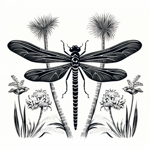 Beautiful dragonfly linocut illustration on white background