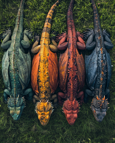 Dragons in Grassy Field