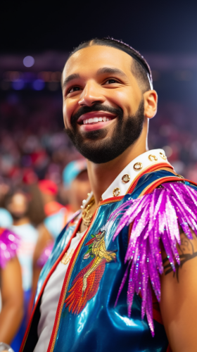 Drake smiling and blushing in cheerleading outfit