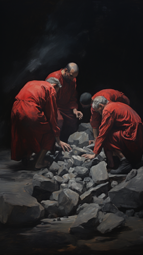 Men hiding from stones in dramatic painting