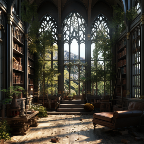 Detailed interior of a dream library with marble tower