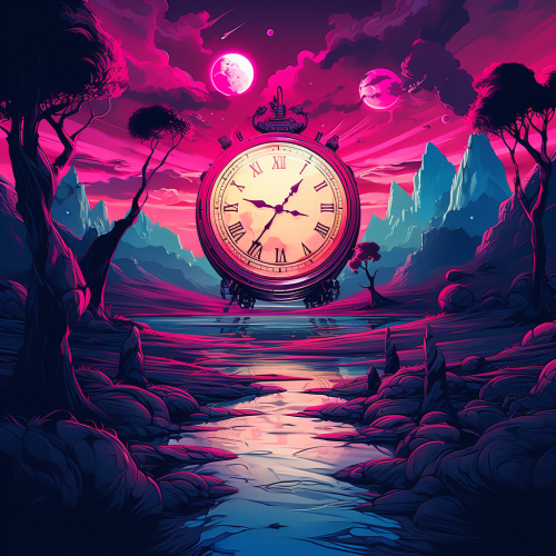 Colorful Synthwave Clocks Floating in Dreamscape