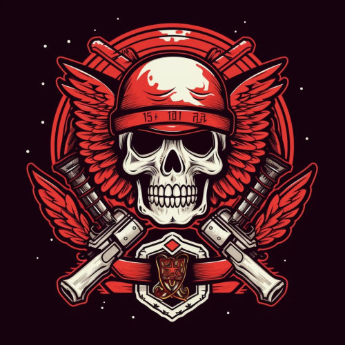 Red and black drug cartel logo with skull, hawk, and AK-47s