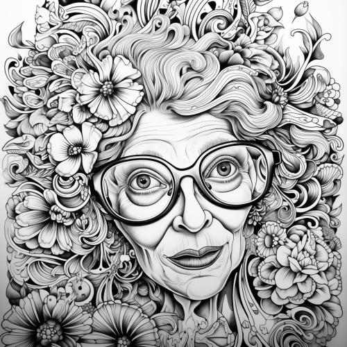 Black and white coloring book page of an ugly drunk woman