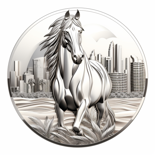 Black and white image of Dubai city buildings, dunes, horse, logo design