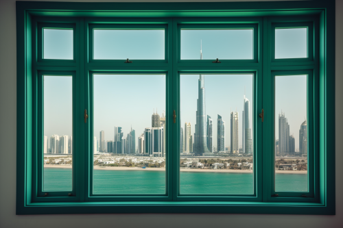 Dubai skyline through window