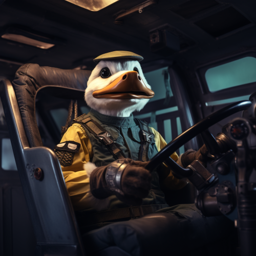 Duck pilot with humanoid assistant in cockpit
