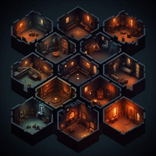 Hexagonal icons of dungeon rooms
