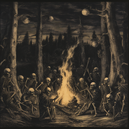 Dürer Style Wood Block Print Skeletons Fire Trees