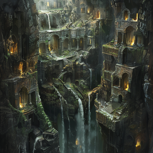 Dark cave with waterfall and moss Dark cave with waterfall and moss