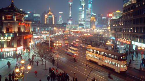 Busy Shanghai Cityscape Trams Busy Shanghai Cityscape Trams