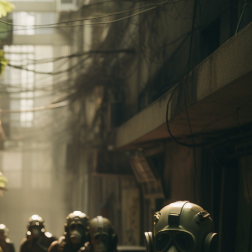 Dystopian Japanese city with gas masks in alley
