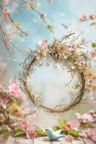 Easter wreath on spring background