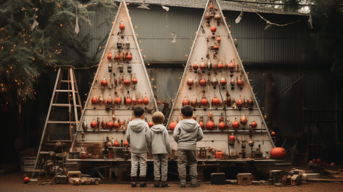 Quirky Children Decorating Christmas Tree Image