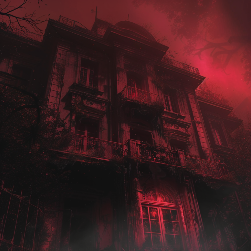 Abandoned mansion with ghostly apparitions