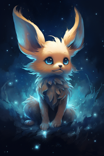 Eevee-like blue cosmic pokemon with windy tail and ears stars