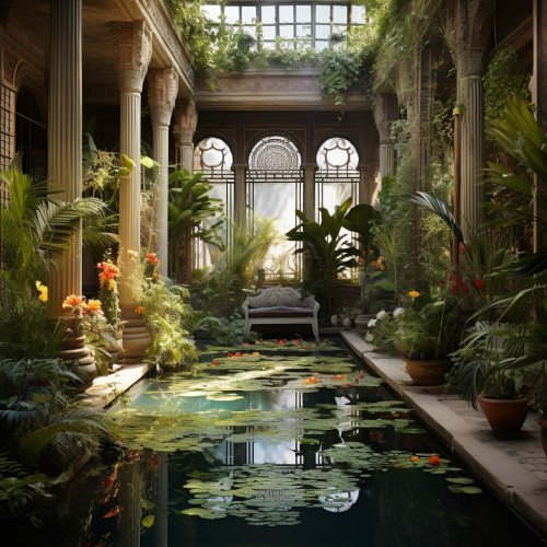 Egyptian antique garden with beautiful basin Egyptian antique garden with beautiful basin