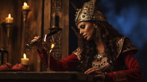 Beautiful woman with servant pouring wine