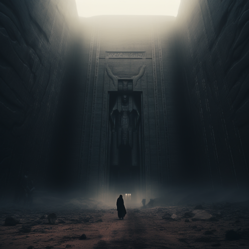 Gigantic Egyptian temple surrounded by eerie fog