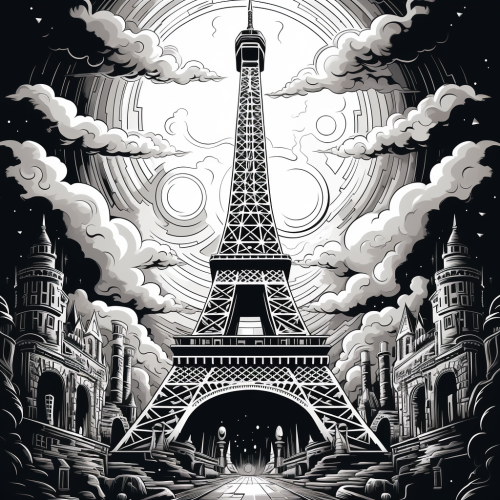 Eiffel Tower retro-futuristic black and white drawing