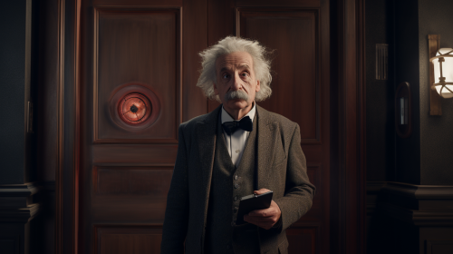 Albert Einstein standing next to a door, pointing towards the future