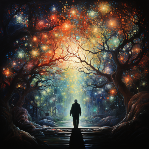 Silhouette of elderly person in magical light dance