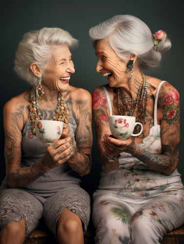 Two elderly women with tattoos laughing and talking