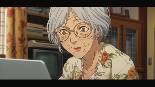 Elderly lady with white hair wearing glasses and cardigan