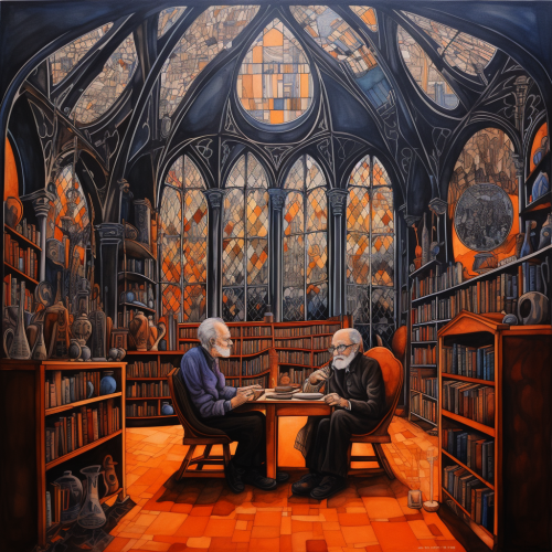 Elderly couple reading in library