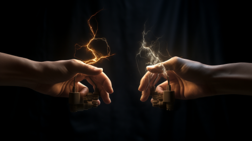 Hands transferring electric charges in dimly lit backdrop