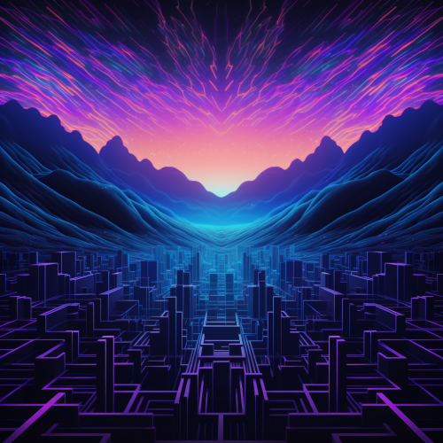 Neon lines merge over landscape.