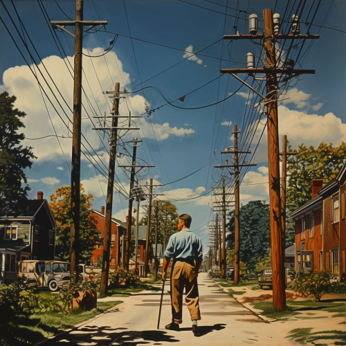 Cartoon-style propaganda photo of electric transmission network poles